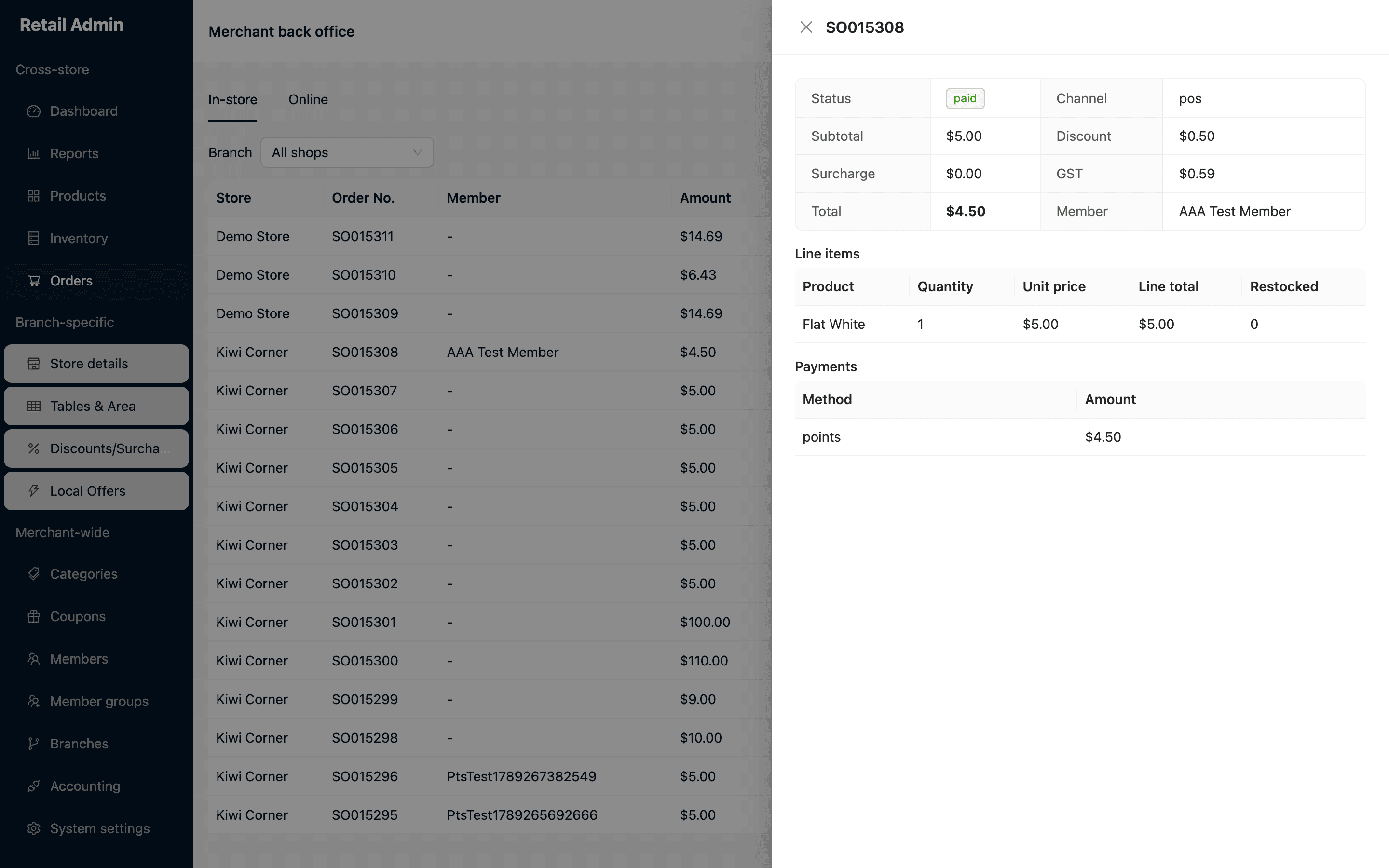 Merchant Admin order detail drawer showing status, channel, totals, line items and the payments taken