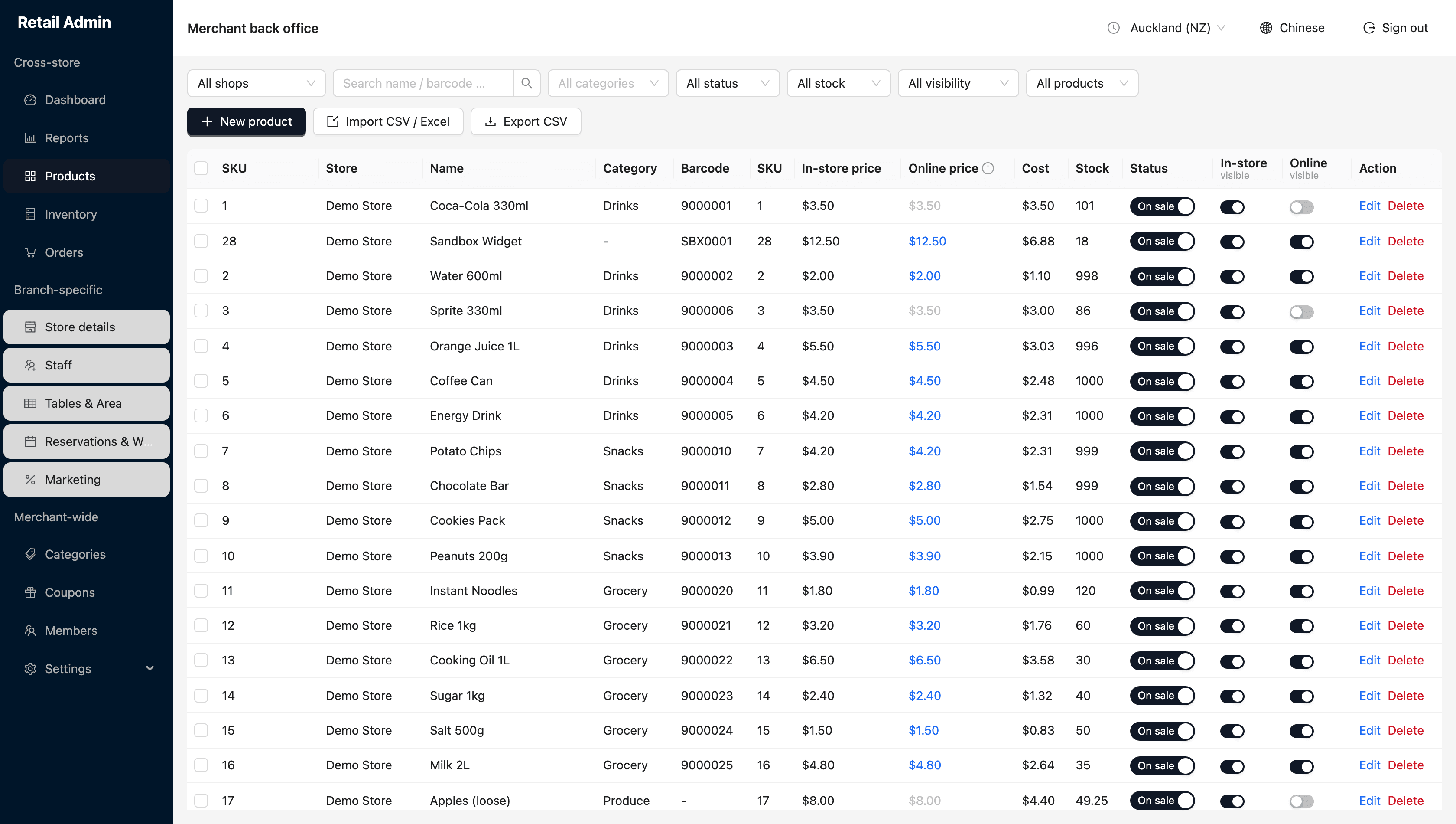 Products page listing products with price, stock, and switches for status, in-store visibility and online visibility