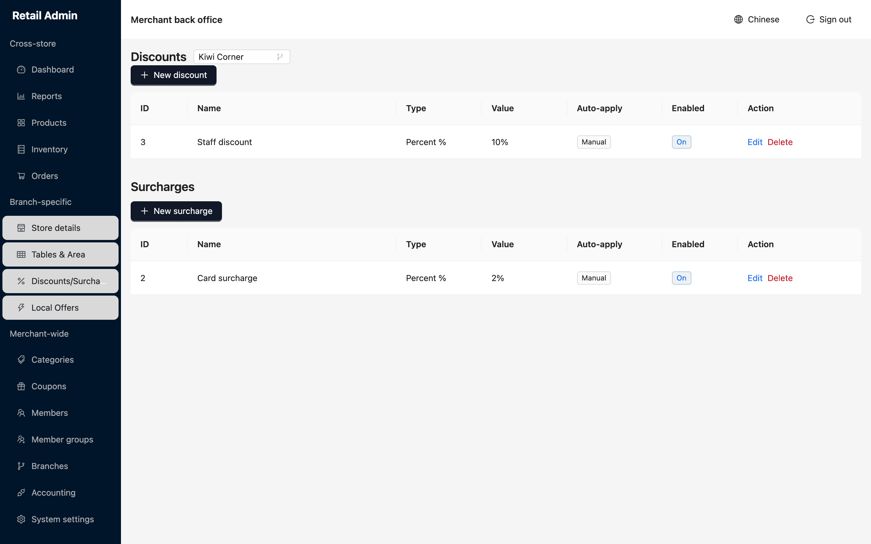 Discounts and surcharges page listing order-level adjustments with auto or manual tags