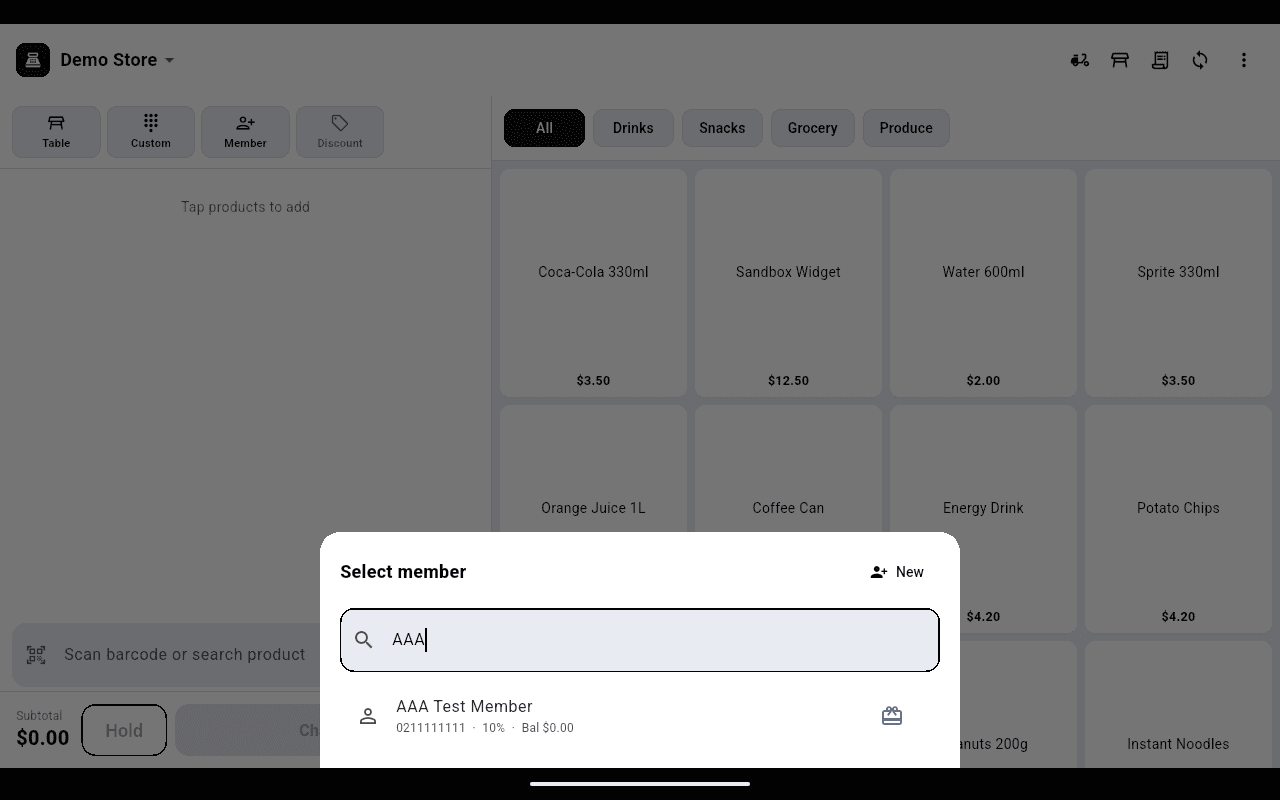 Select member sheet showing a search result with the member's phone number, discount and balance