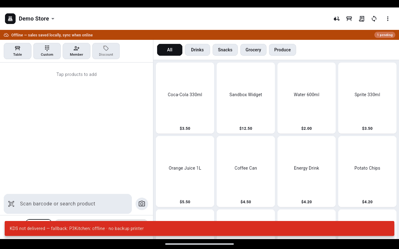Register screen with an orange bar reading offline, sales saved locally, sync when online, and one sale pending