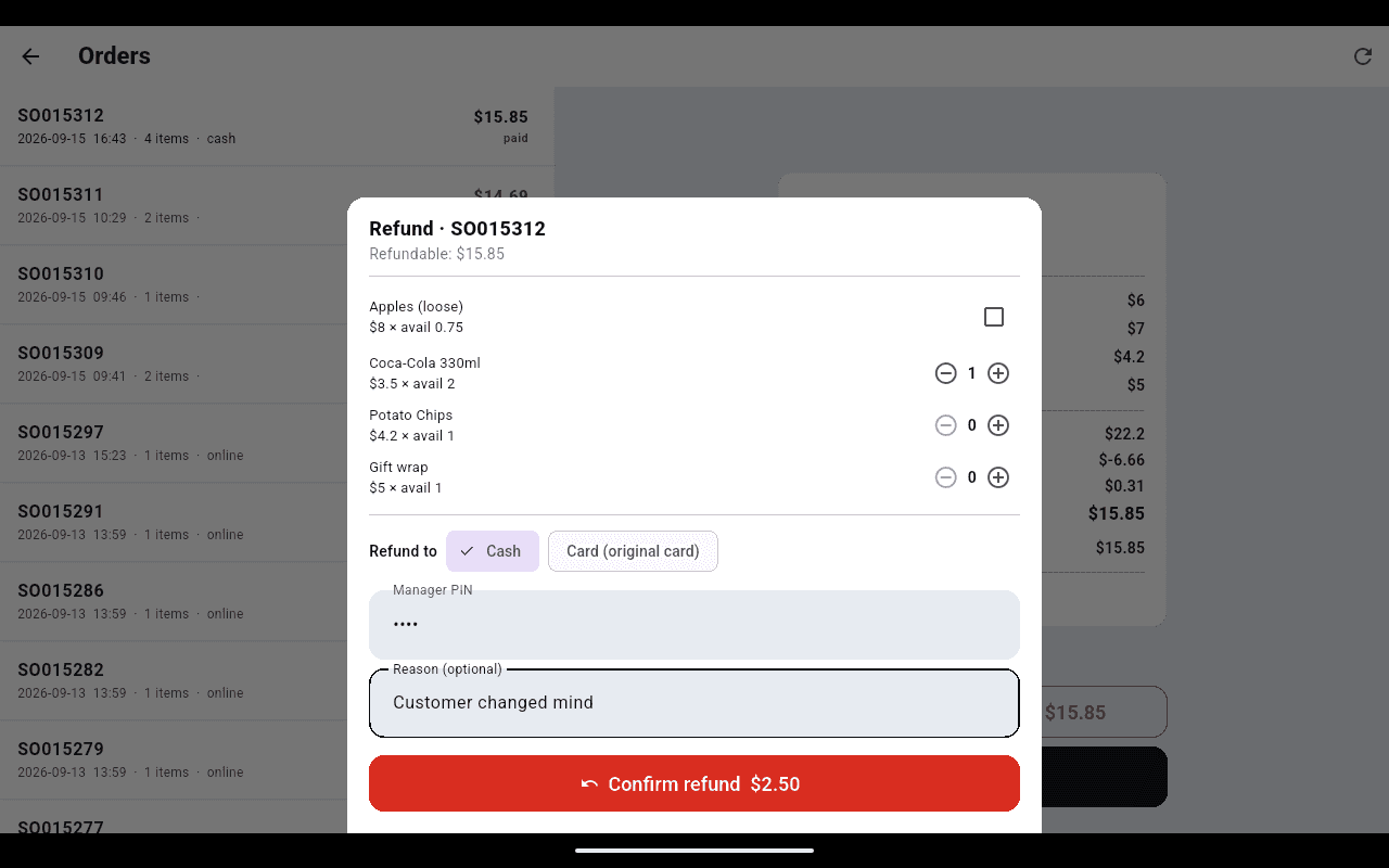 Refund dialog with one line selected, cash chosen as the destination, a manager PIN filled in and a reason