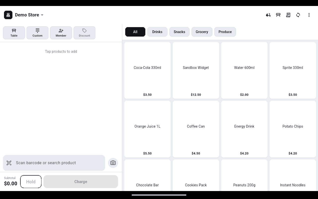 The NexPOS register screen with the cart on the left and the product grid on the right
