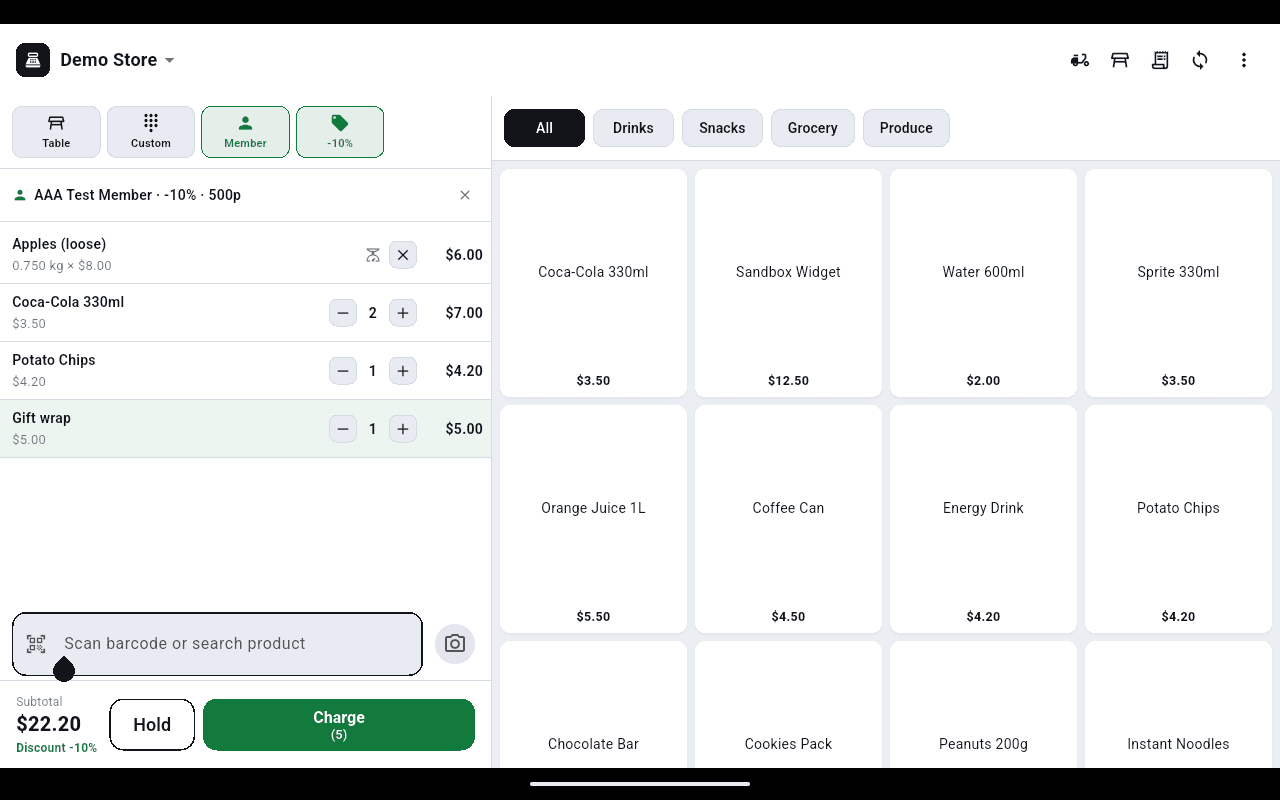 The NexPOS till app mid-sale, with the cart on the left and the product grid on the right