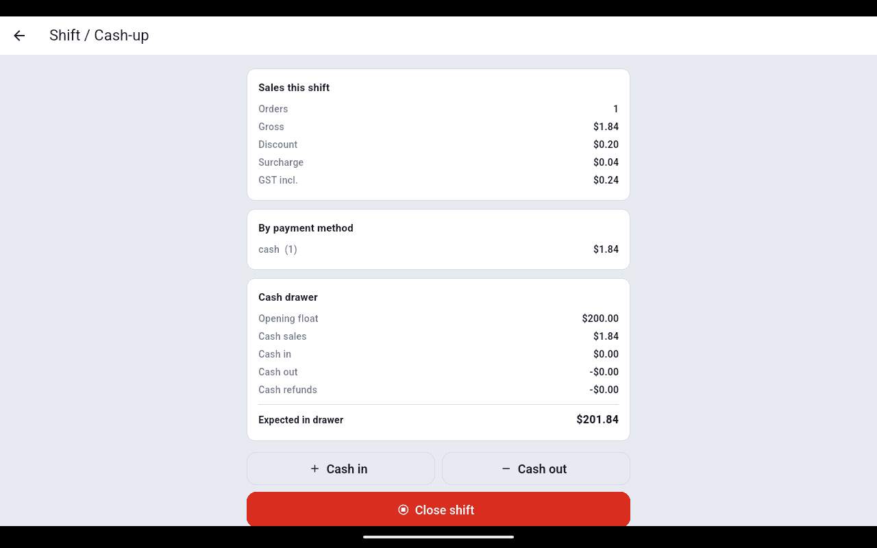 Shift and cash-up screen showing sales this shift, the payment method breakdown and the cash drawer panel