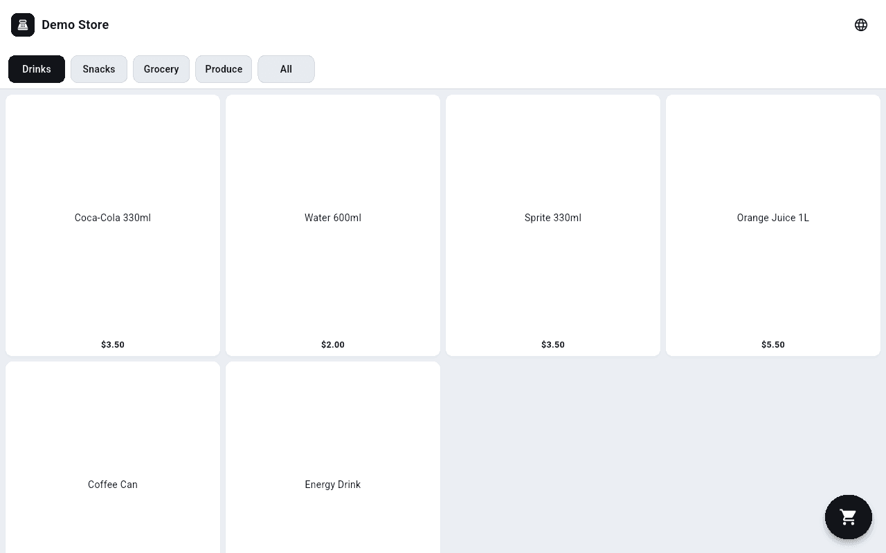 Self-order kiosk screen: a full-screen product menu with category tabs and a cart button, no cashier controls