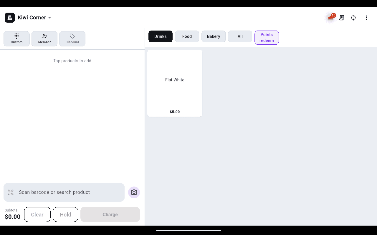 Register with the product categories including a purple Points redeem category at the end of the bar
