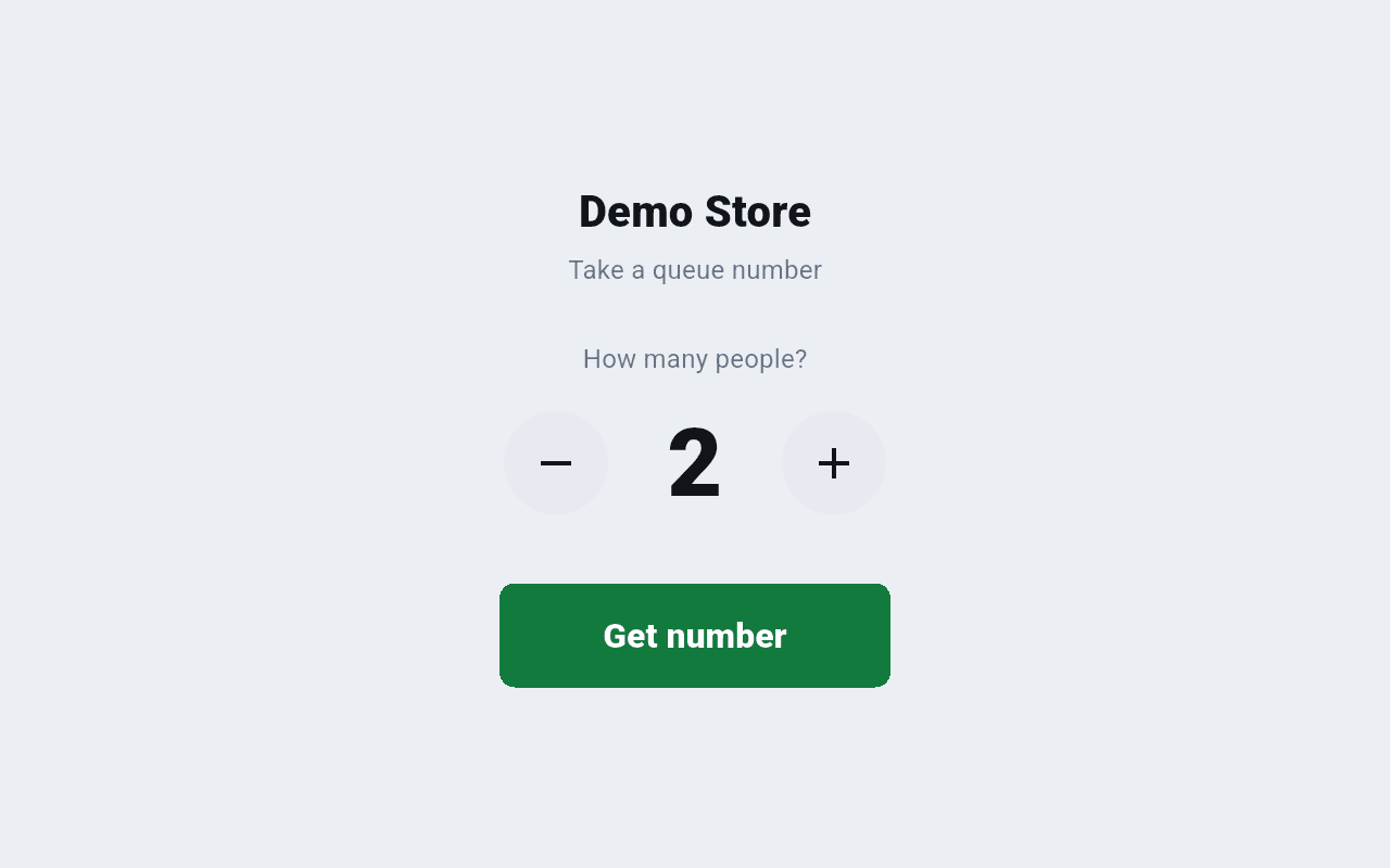 Take a queue number screen: the store name, a party-size stepper showing 2, and a Get number button