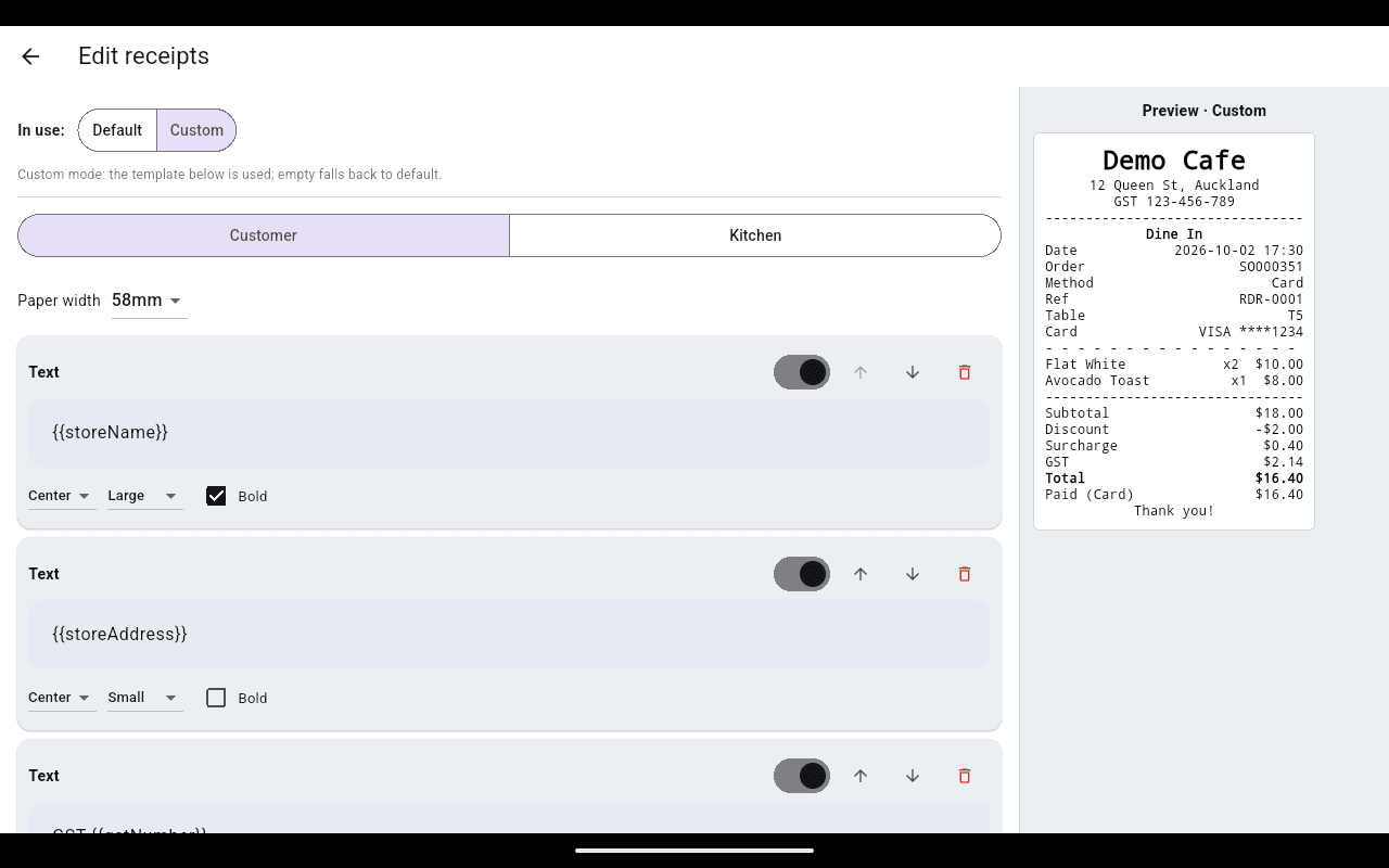 Edit receipts screen in Custom mode: text blocks for store name and address with alignment, size and bold controls, beside a live receipt preview