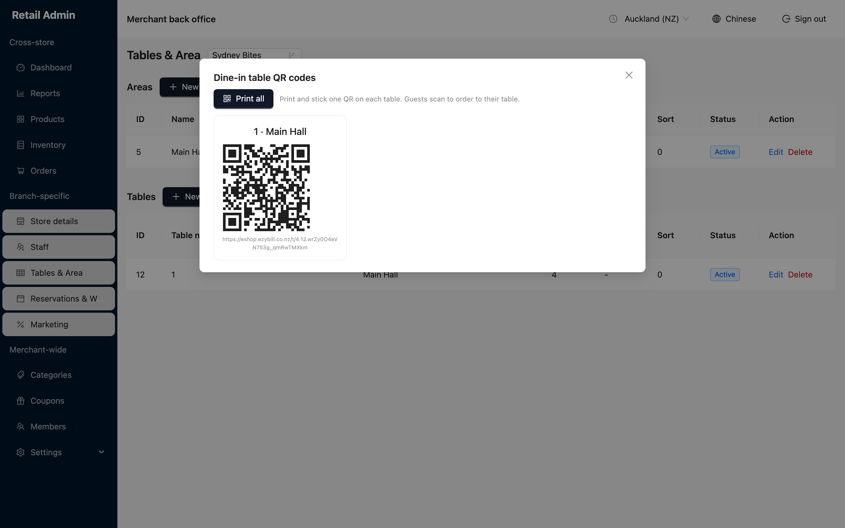 Dine-in table QR codes window with a Print all button and a QR card for table 1 in Main Hall showing its scan address