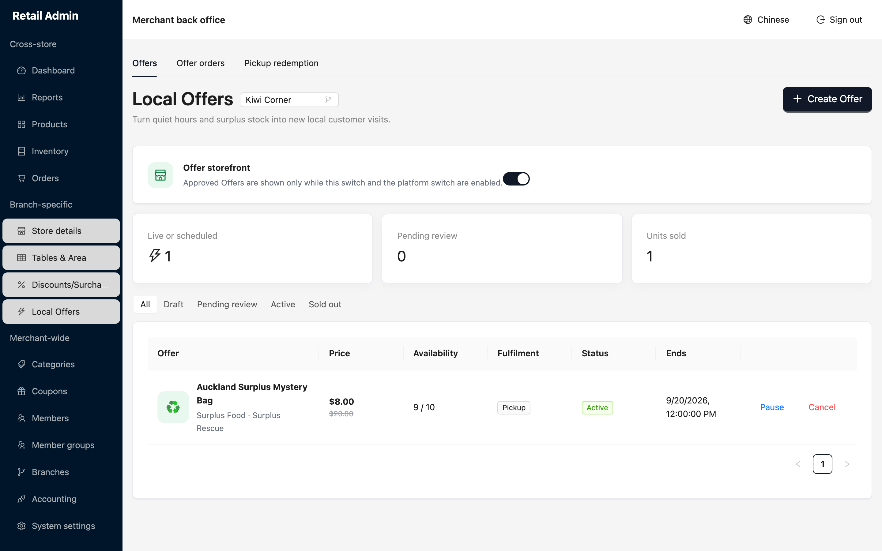 Local Offers page showing the offer storefront switch, counters for live, pending review and units sold, and an active surplus rescue offer with nine of ten left