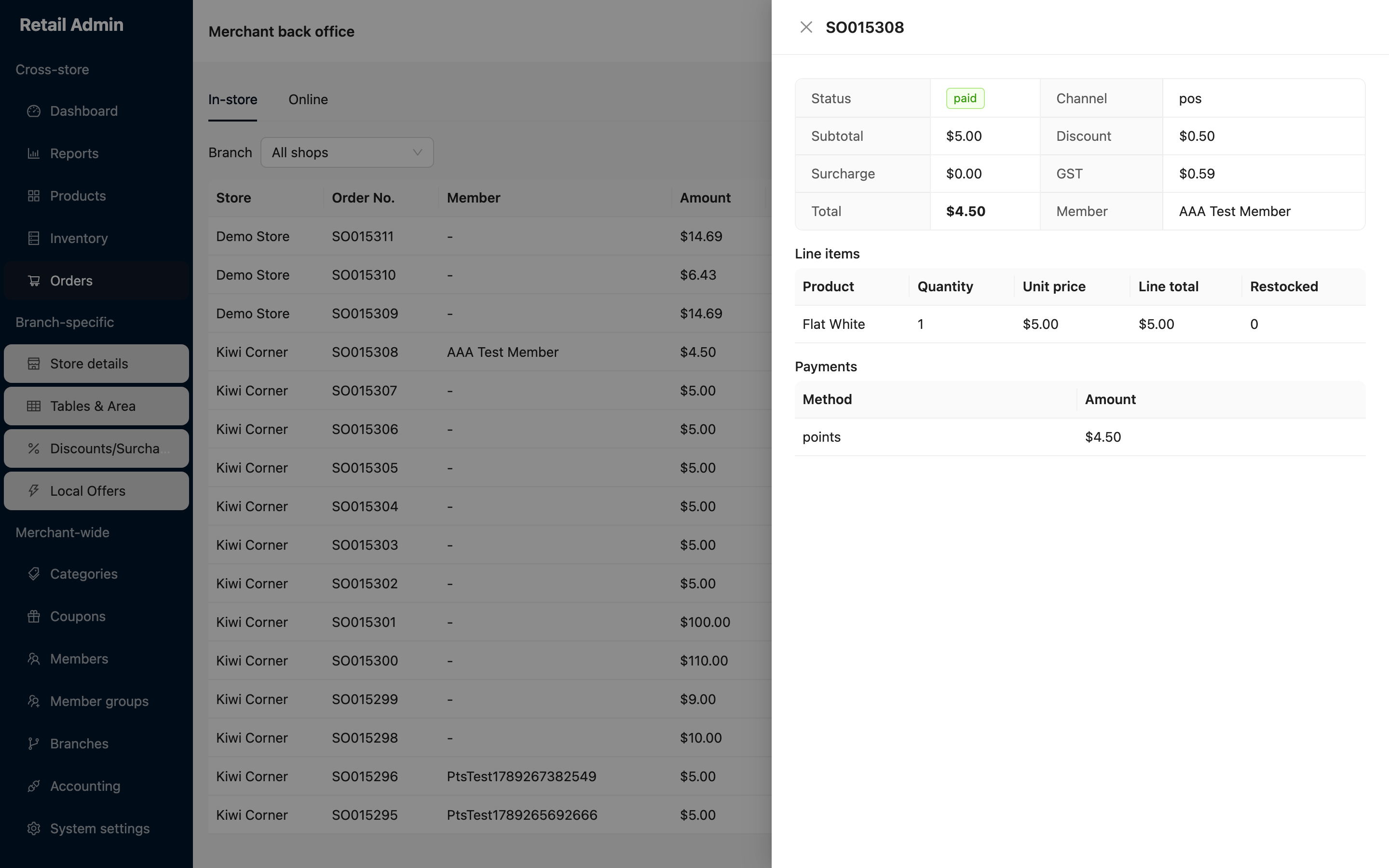 Order drawer for SO015308 showing paid status, totals, one line item and a points payment of four dollars fifty