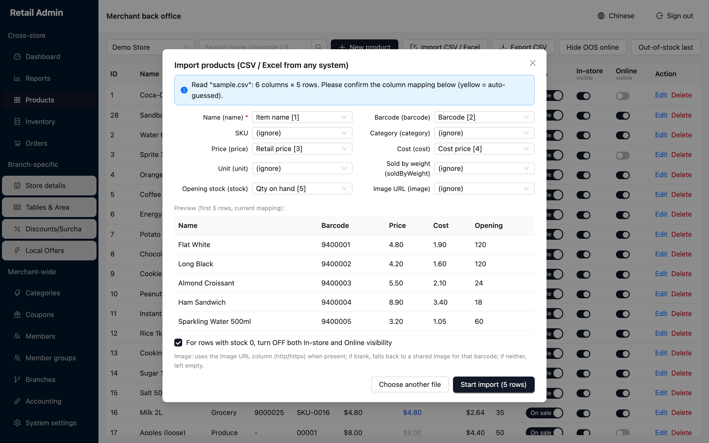 Import products dialog showing auto-guessed column mapping, a five-row preview and a Start import button for five rows