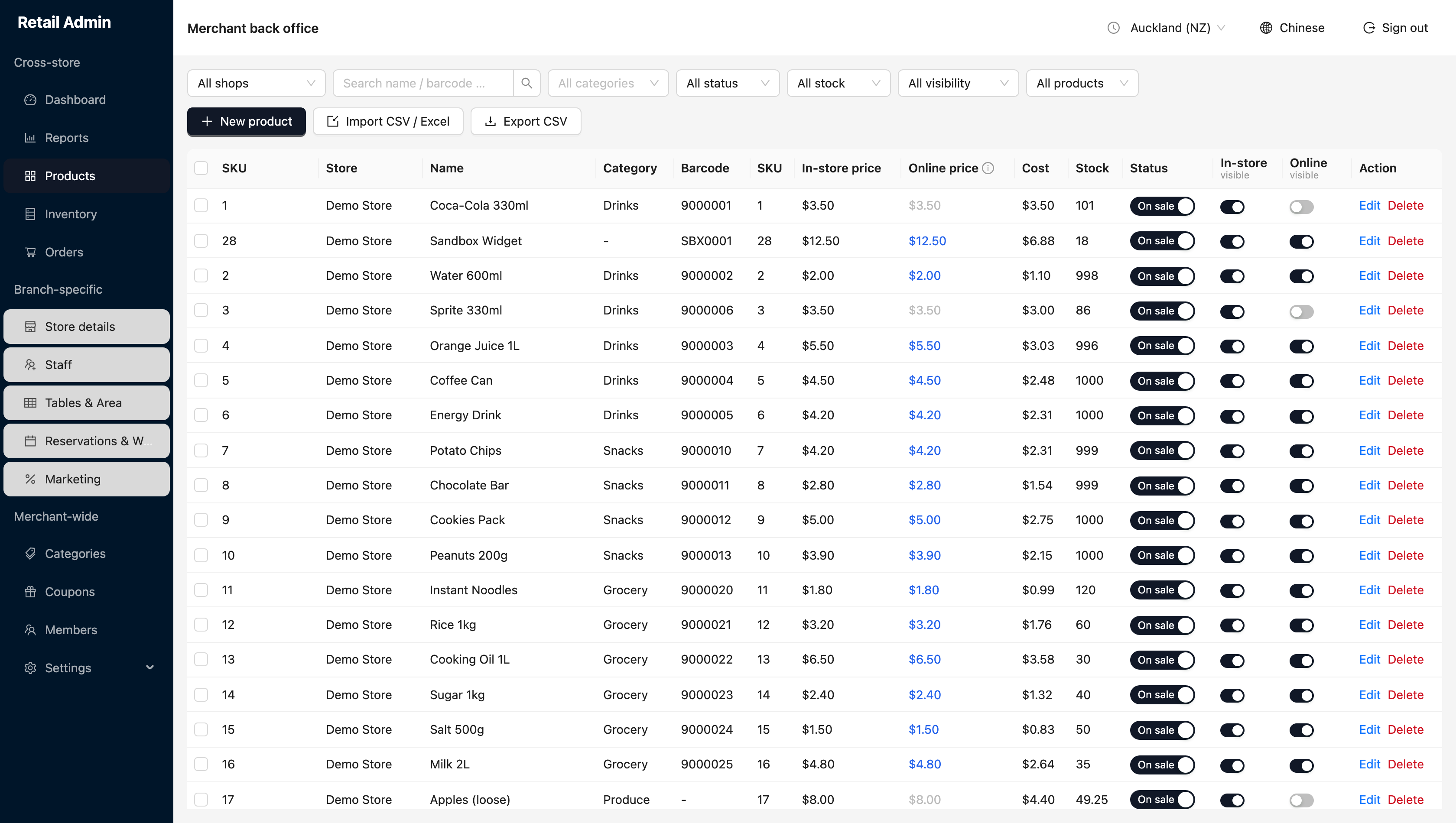 Products table with store, name, category, barcode, SKU, in-store price, online price, cost, stock, on sale switch and in-store and online visibility toggles