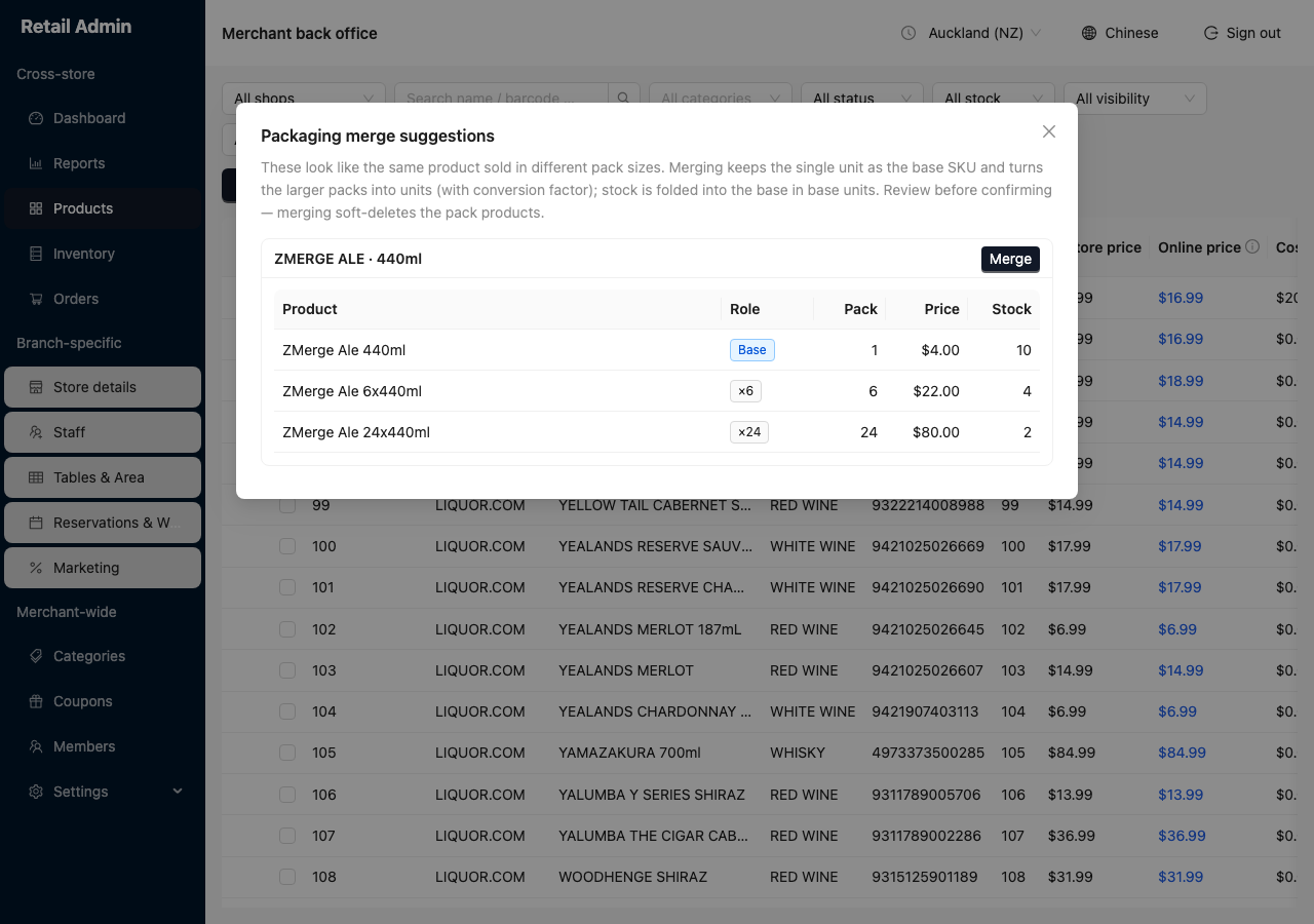 Packaging merge suggestions dialog showing one group, ZMerge Ale 440ml, with the single as Base and the 6-pack and 24-pack as the x6 and x24 roles, each with pack size, price and stock
