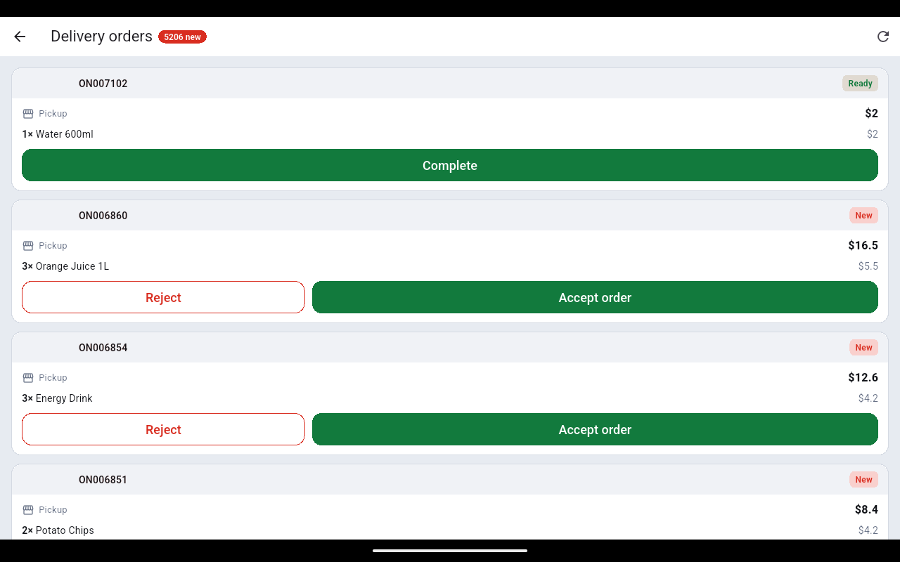 Delivery orders screen with the top card marked Ready showing a Complete button and the cards below marked New with Reject and Accept order buttons