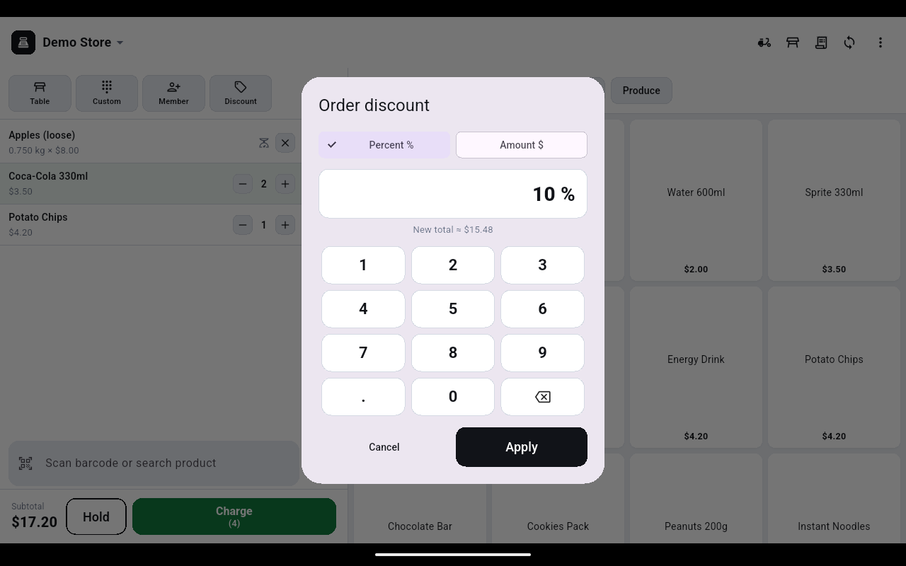 Order discount dialog set to Percent with 10 keyed in, previewing New total approximately $15.48