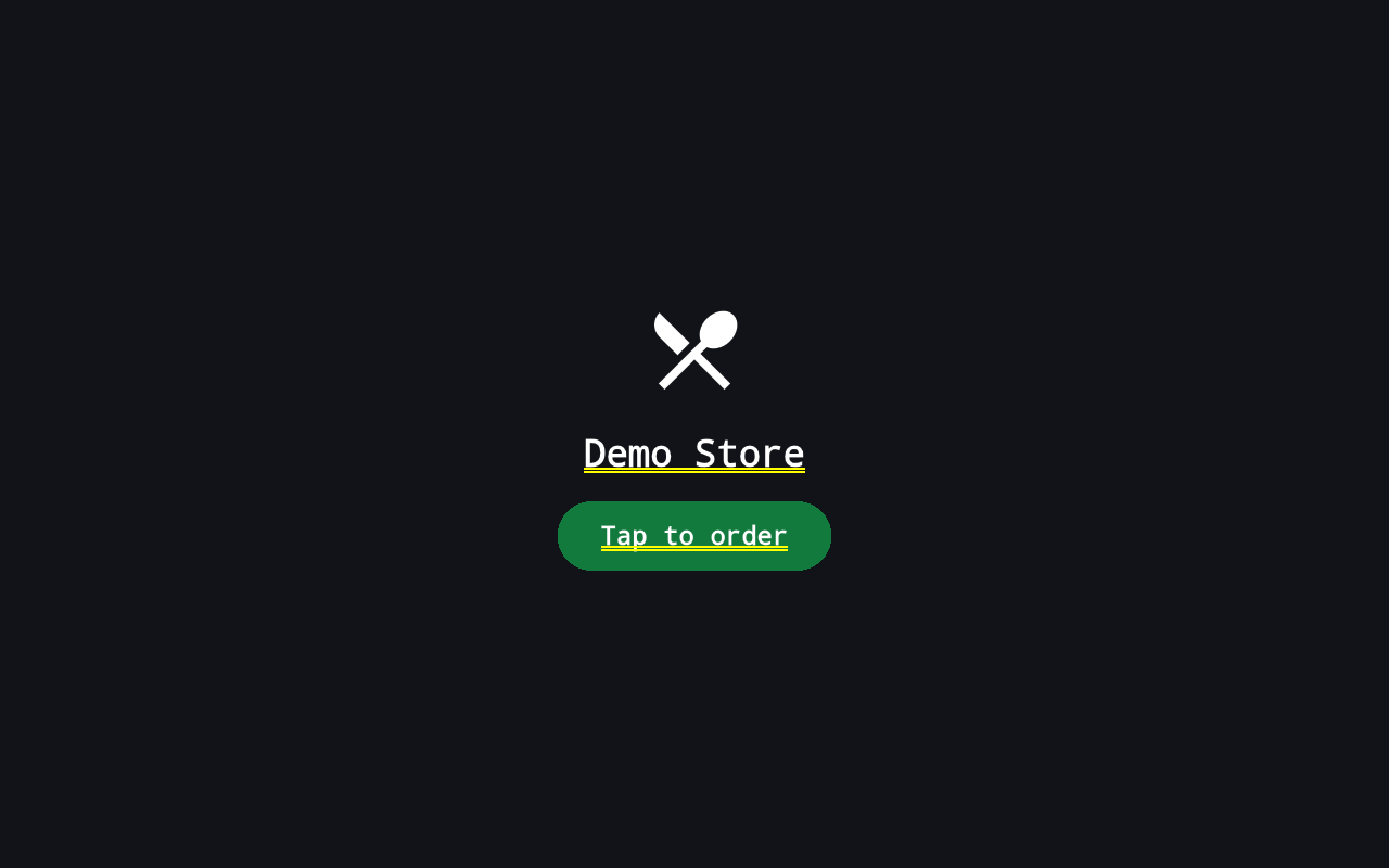 Full-screen kiosk start screen with the store name and a Tap to order button on a dark background