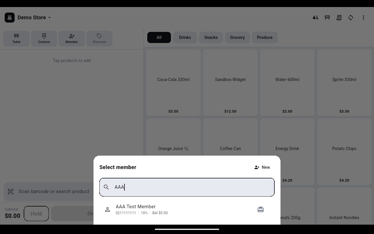 Select member sheet with the search term AAA and one result: AAA Test Member, phone 0211111111, 10%, Bal $0.00