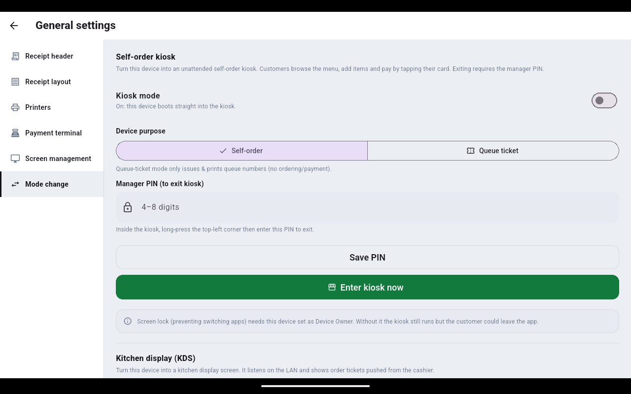 Mode change settings: a Kiosk mode toggle, a Device purpose choice of Self-order or Queue ticket, a Manager PIN field, an Enter kiosk now button, and a Kitchen display (KDS) section below