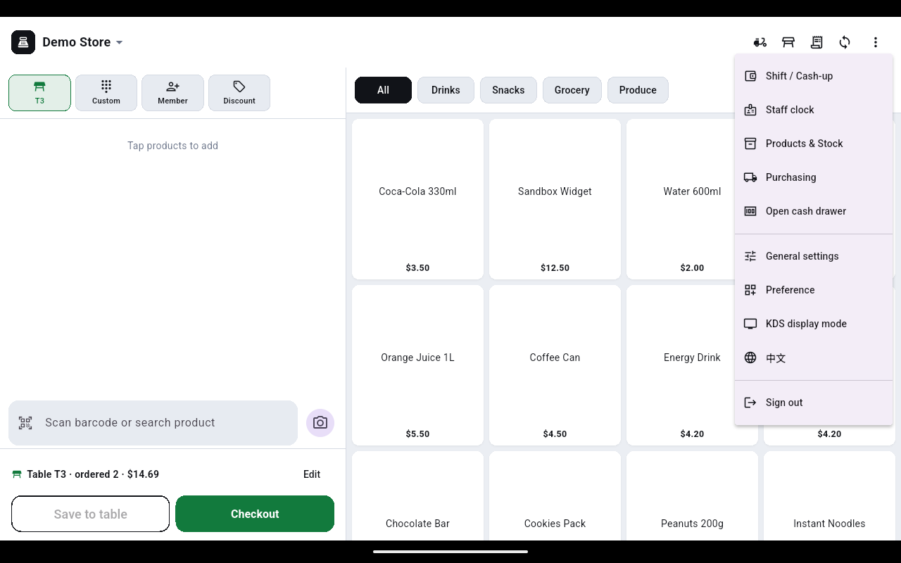 The three-dot menu open over the register, listing Shift / Cash-up, Staff clock, Products & Stock, Purchasing, Open cash drawer, General settings, Preference, KDS display mode, a language item and Sign out