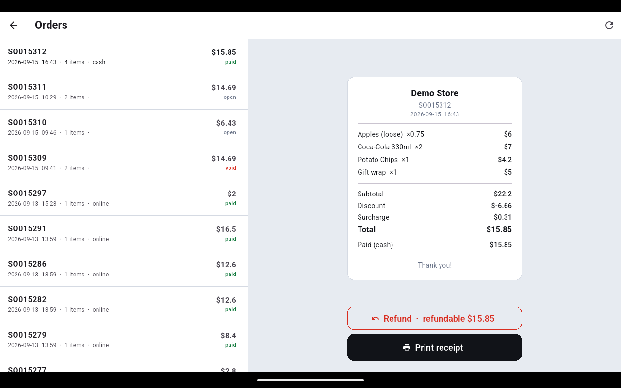 Orders screen with a list of orders on the left and a receipt preview on the right showing line items, totals, a red Refund button and a Print receipt button
