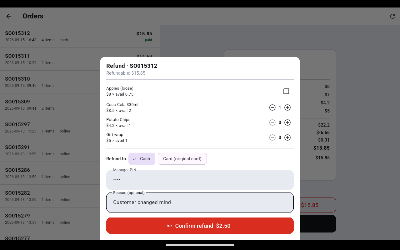 Refund dialog for an order, with one Coca-Cola selected, Cash chosen as the destination, a filled manager PIN, a reason of Customer changed mind and a red Confirm refund $2.50 button
