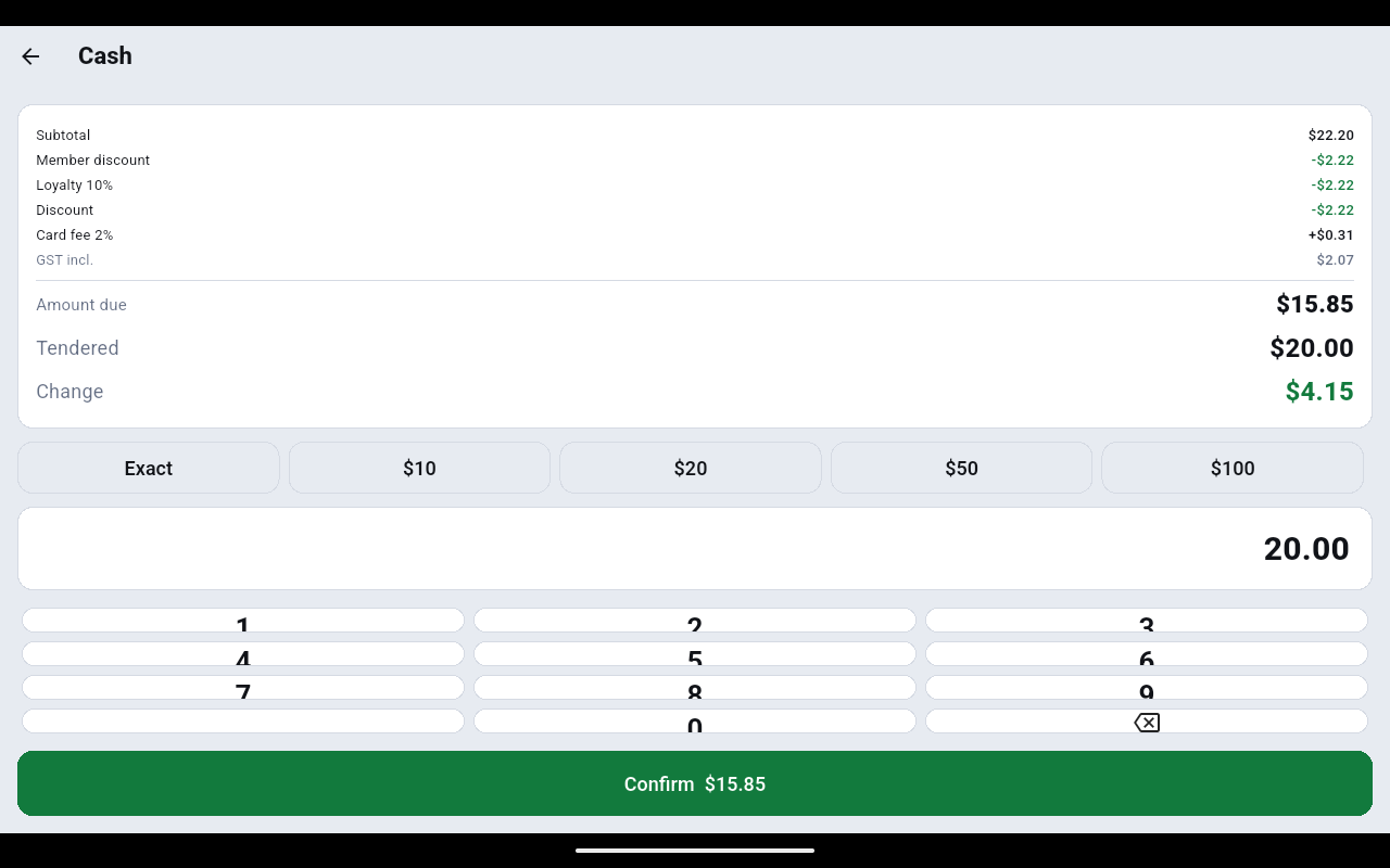 Cash screen with amount due $15.85, tendered $20.00 and change $4.15 in green, over quick amount keys and a keypad