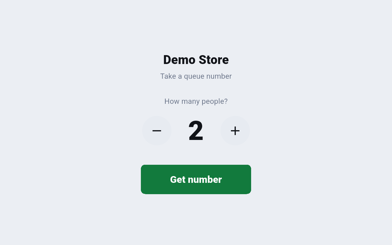 Take a queue number screen with the store name, a How many people stepper showing 2, and a Get number button