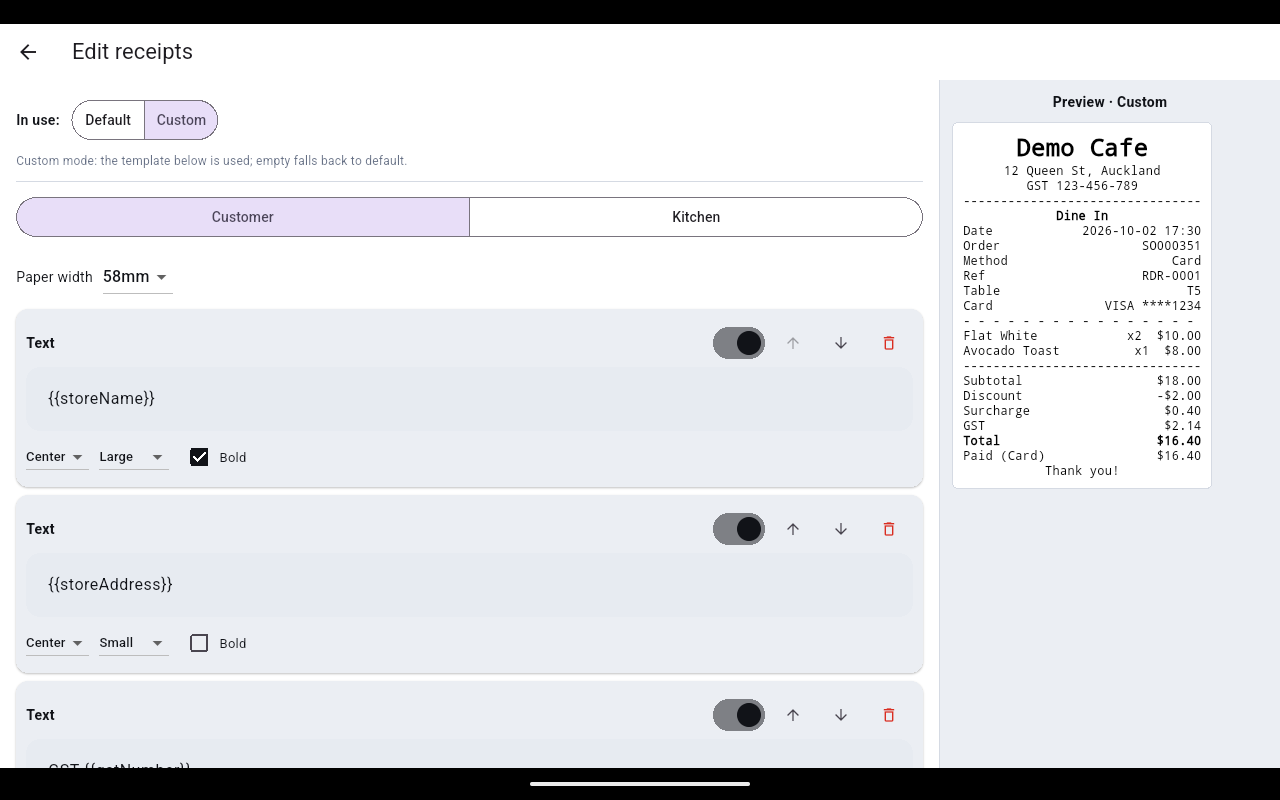 Edit receipts screen in Custom mode: text blocks for store name and address with alignment, size and bold controls on the left, and a live receipt preview on the right