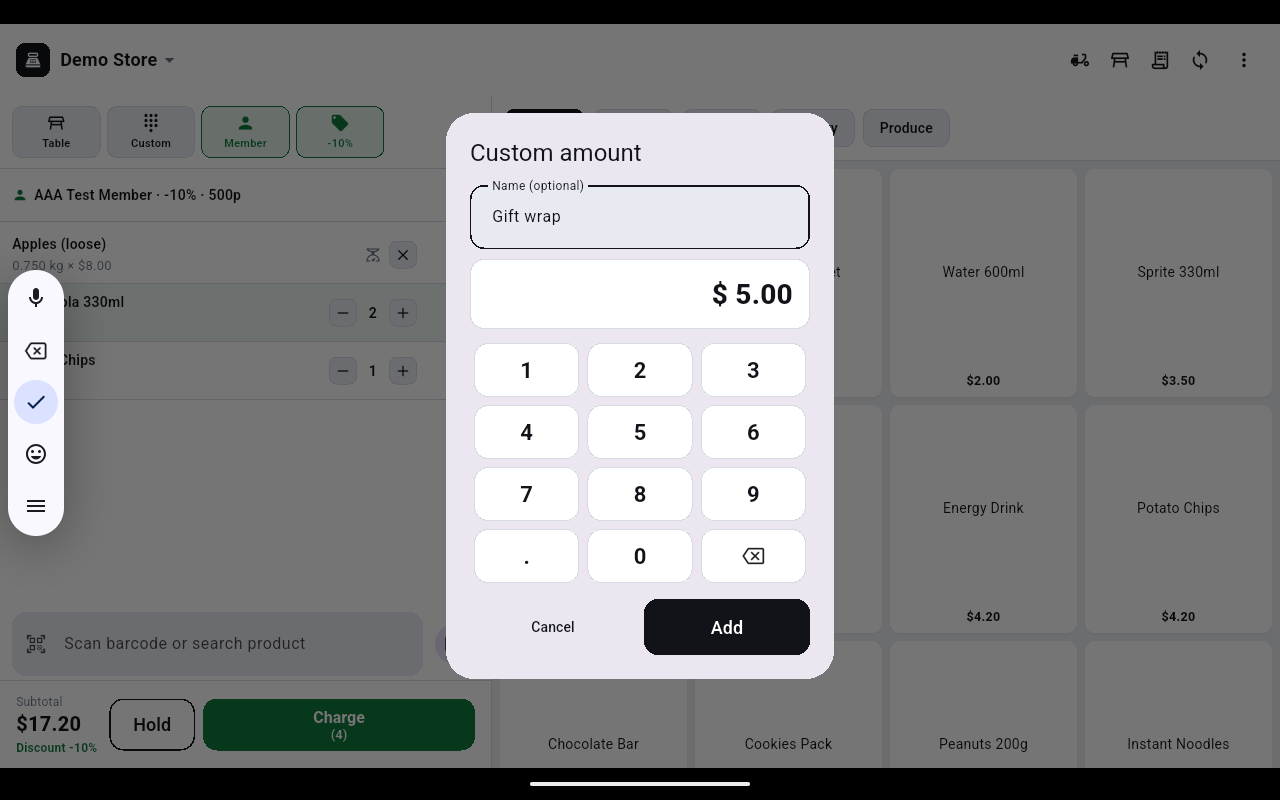 Custom amount dialog with the name Gift wrap, an amount of $5.00 and a numeric keypad