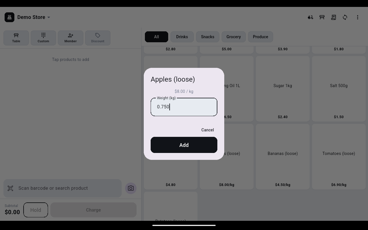 Apples (loose) dialog showing $8.00 / kg, a Weight (kg) field containing 0.750, and Cancel and Add buttons