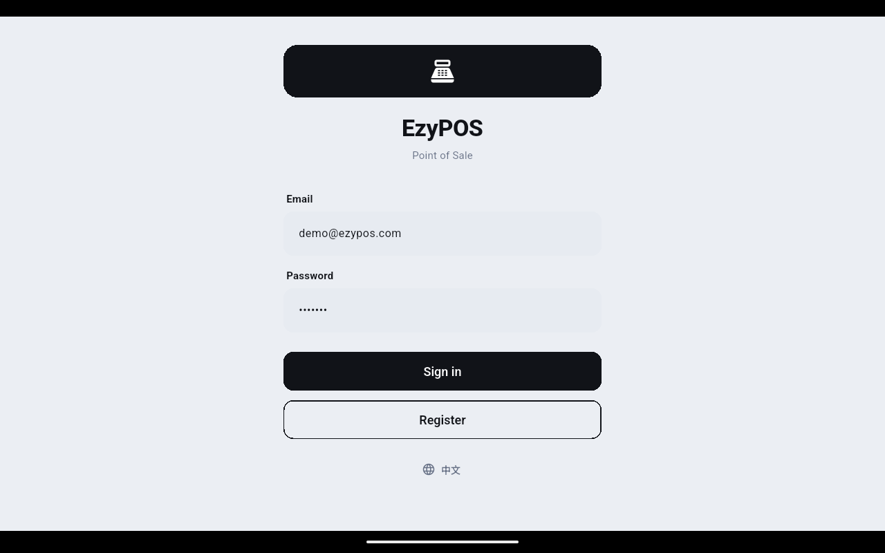 NexPOS sign-in screen with Email and Password fields, a Sign in button and a Register button
