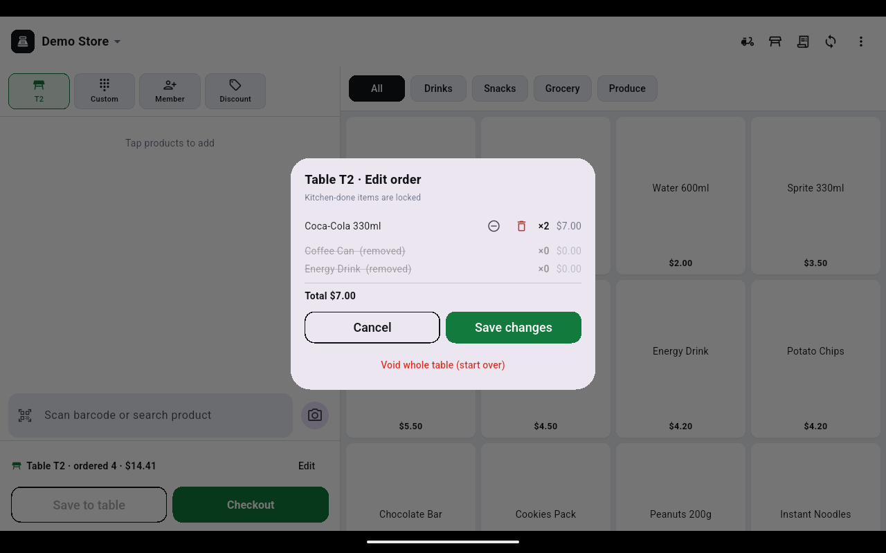 Table T2 Edit order dialog with Coca-Cola x2 kept, Coffee Can and Energy Drink struck through and marked removed, total $7.00, and Save changes and Void whole table buttons